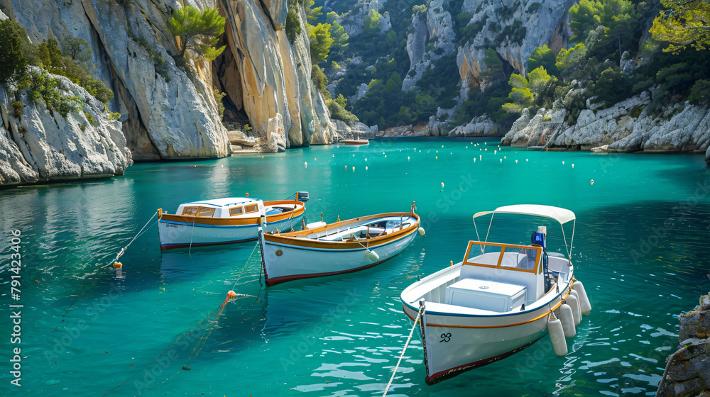 Boats on water Verdon Gorge in Provence France.