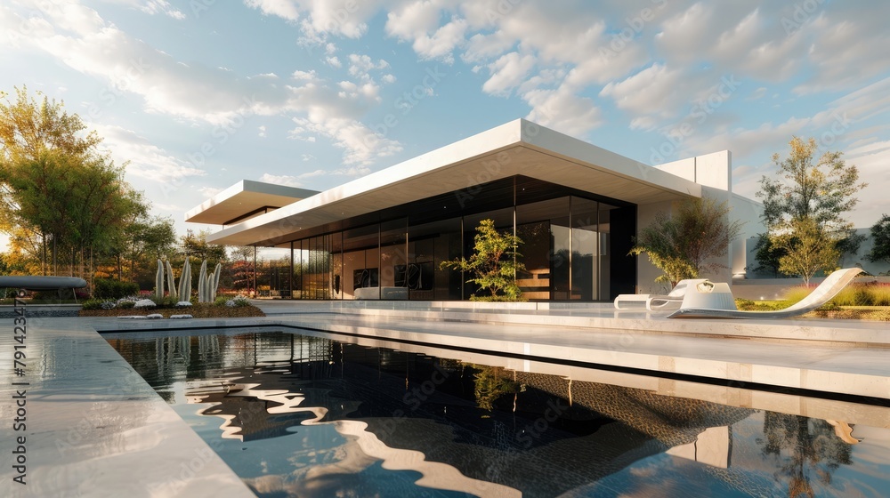 Naklejka premium An ultra-modern villa with sleek lines and minimalist design, featuring infinity pools and rooftop terraces that offer panoramic views of the surrounding landscape, 