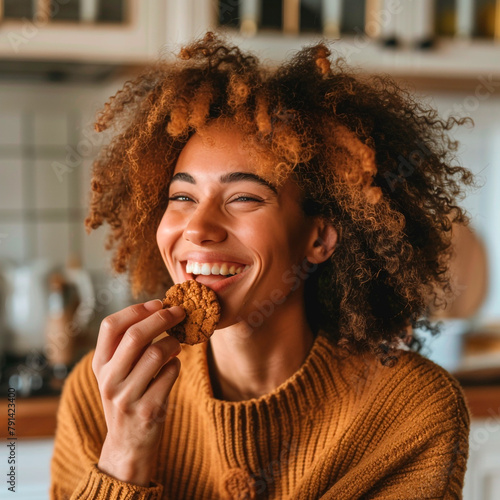 Cookie Delight: Cheerful Afro-American Woman with Her Favorite Snack photo