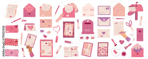 Cartoon hand with love mail and letters set, modern craft postcard collection with heart and kiss, girl character write romantic note template, flat romantic cute post card bundle design.