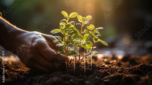 Farmers planting new trees and watering them to help increase oxygen in the air and reduce global warming, planting new trees in the forest, Concept of people Save the earth, world or planet, ecology  photo
