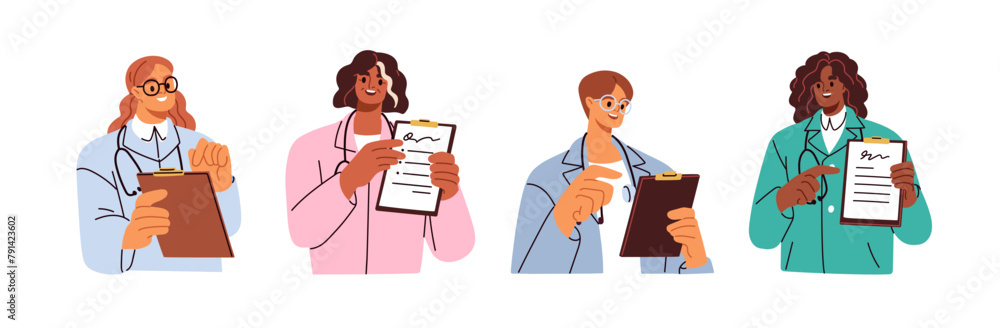 Doctors holding clipboard, consulting on health. Physicians set, showing medical documents, prescription papers, checkup notes in hands, speaking. Flat vector illustration isolated on white background - obrazy, fototapety, plakaty 