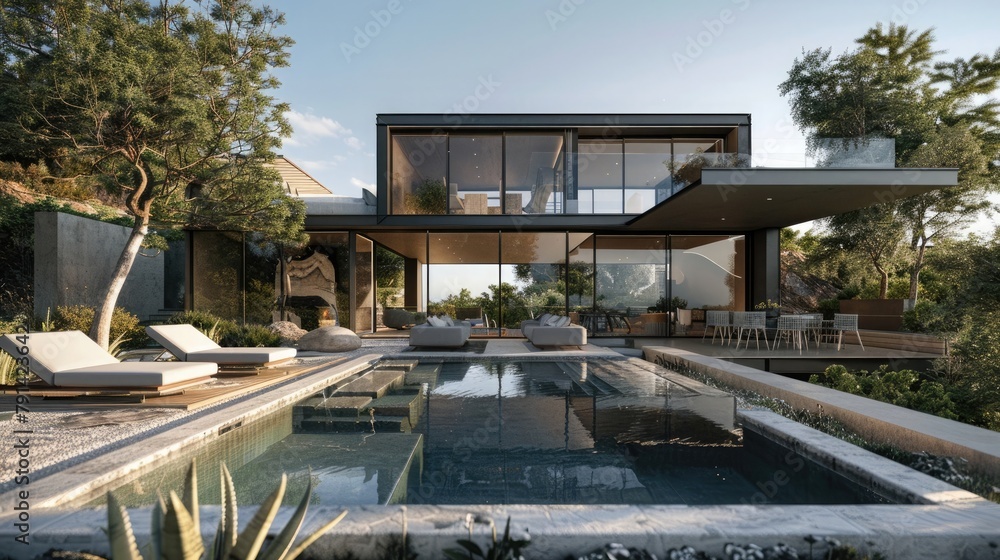 An ultra-modern villa with sleek lines and minimalist design, featuring infinity pools and rooftop terraces that offer panoramic views of the surrounding landscape, 