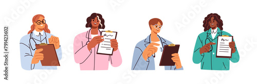 Doctors holding clipboard, consulting on health. Physicians set, showing medical documents, prescription papers, checkup notes in hands, speaking. Flat vector illustration isolated on white background