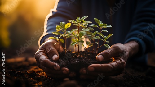 Farmers planting new trees and watering them to help increase oxygen in the air and reduce global warming, planting new trees in the forest, Concept of people Save the earth, world or planet, ecology 