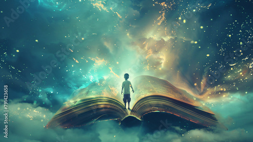 Boy standing on the opened giant book with fantasy ligHTS