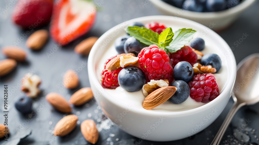 Greek yogurt with berries and nuts. Healthy meal. vegetarian dessert. Greek yogurt with berries and nuts. Healthy meal. vegetarian dessert.