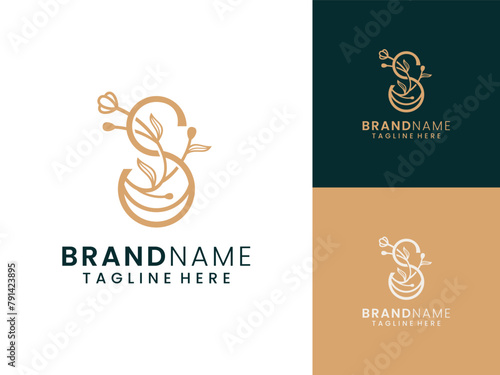 Letter S luxury Fragrance logo design with natural flowers