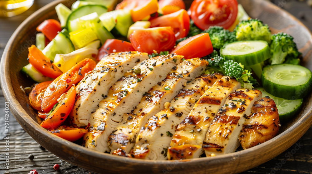 Sliced chicken breast with vegetables. Chicken salad. Healthy meal. Sliced chicken breast with vegetables. Chicken salad. Healthy meal.