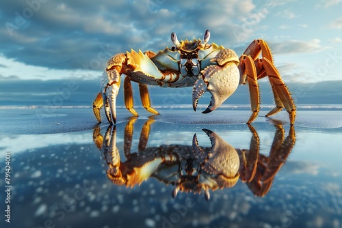 Crab on the beach with reflection in water,   render