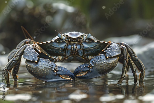 Blue crab in the water close-up,  Wildlife scene from nature
