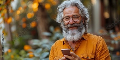 An elderly man, smartly dressed, happily using his smartphone outdoors in an urban environment photo