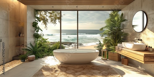 Contemporary luxury bathroom design with scenic window view and minimalist elegance, blending comfort and style © Iryna