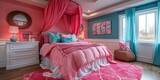 A luxurious and elegant bedroom with modern design, featuring comfortable pink bedding and bright, colorful decor