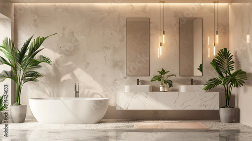 Bright minimal bathroom interior with white marble basE