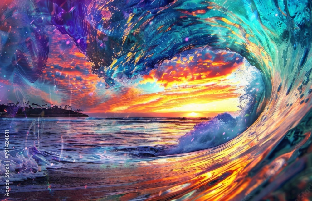 Colorful sunset inside the wave tube with a beautiful ocean landscape view Colorful sunset inside the wave tube with a beautiful ocean landscape view
