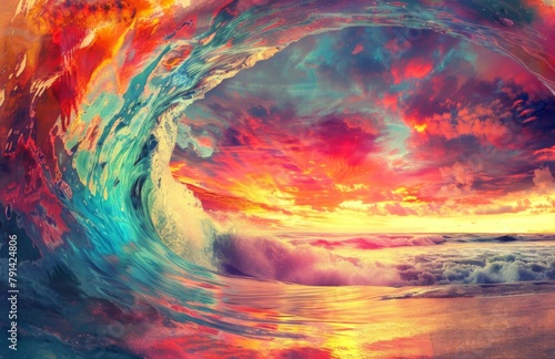 Colorful sunset inside the wave tube with a beautiful ocean landscape view