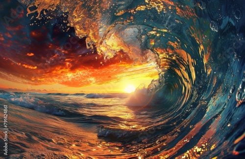 Colorful sunset inside the wave tube with a beautiful ocean landscape view © wanna