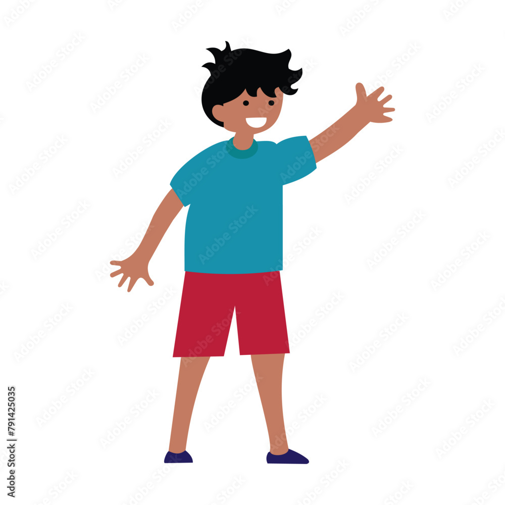 illustration of a boy waving his hand with a happy face. Basic design elements of a cute children's cartoon in a colorful flat style illustration of a boy waving his hand with a happy face. Basic design elements of a cute children's cartoon in a colorful flat style