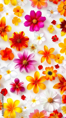 A Vibrant Collection Of Various Colorful Meadow Flowers Arranged on a White Background. Presenting unique shapes and colors  meticulously arranged to highlight their natural beauty.