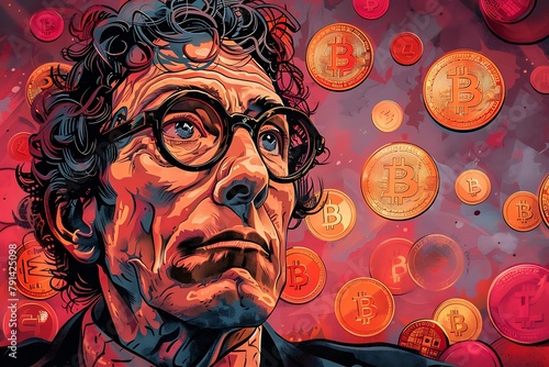 A man with glasses is surrounded by many coins photo