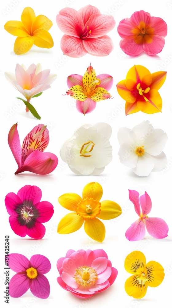 Fototapeta premium A Vibrant Collection Of Various Colorful Meadow Flowers Arranged on a White Background. Presenting unique shapes and colors, meticulously arranged to highlight their natural beauty.