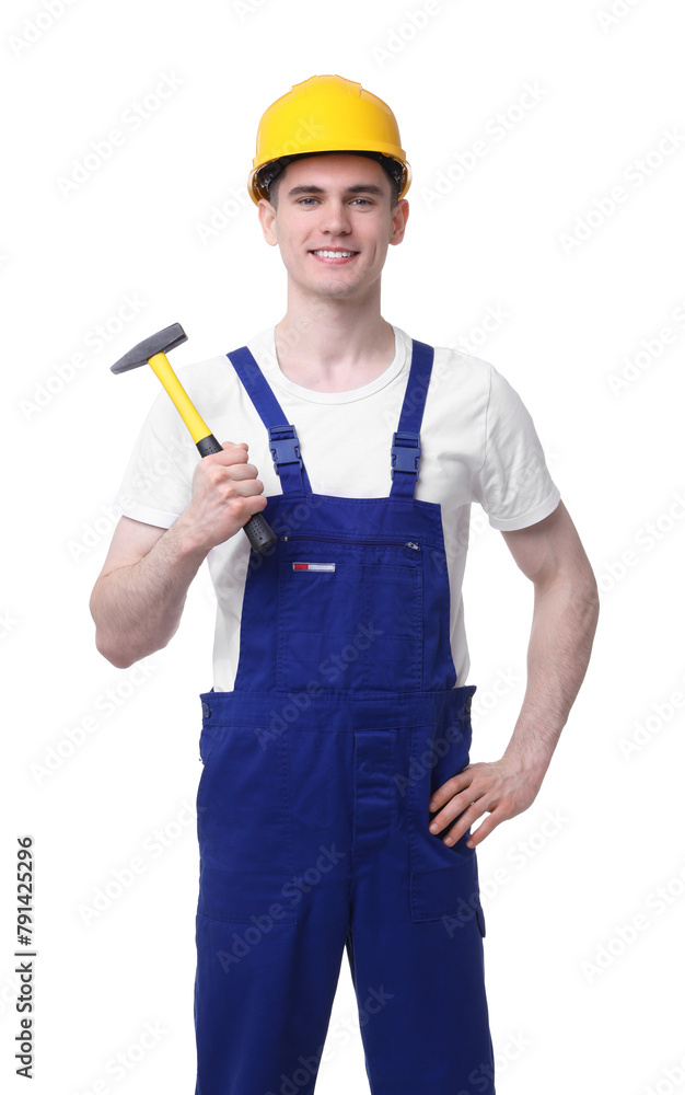 Professional repairman holding hammer on white background Professional repairman holding hammer on white background