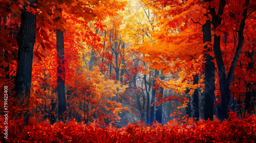 Vibrant Autumn Forest, Red and Yellow Foliage, Mystical Woods