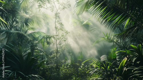 Sunlit Tropical Forest  Lush Greenery  Misty Atmosphere