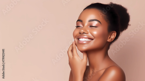 Woman smiling while touching her flawless glowy skin with copy space for your advertisement, skincare 