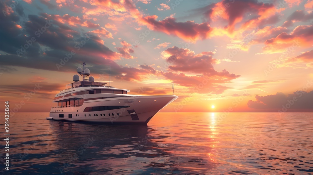 Luxury Yacht Sailing at Sunset, Ocean Voyage - obrazy, fototapety, plakaty 