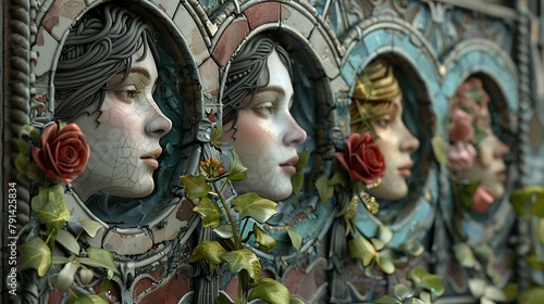 Four women with faces and roses in their hair