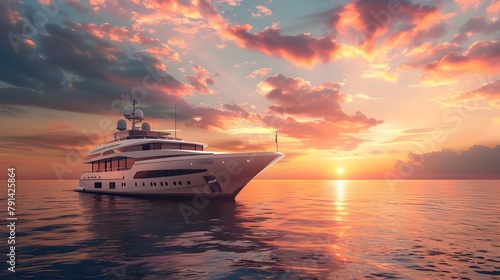 Luxury Yacht Sailing at Sunset, Ocean Voyage