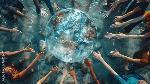 A symbolic representation of unity and collaboration with hands from diverse individuals reaching towards a transparent globe in a circle of solidarity.