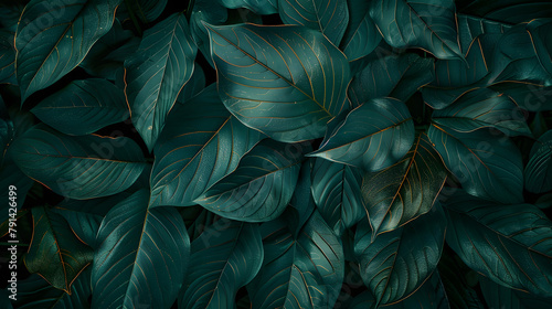 Foliage of tropical leaf in dark green texture, abstract pattern nature background.