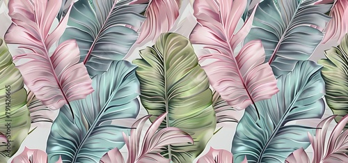 Tropical exotic luxury seamless pattern with pastel color banana leaves, palm, colocasia. Hand-drawn 3D illustration. Vintage glamorous art design. Good for wallpapers, cloth, fabric, Generative AI