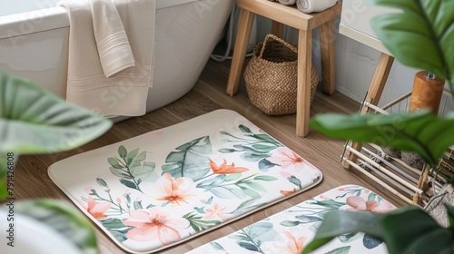Blank mockup of a set of matching bathroom mats one large and one small in a coordinating floral print. . photo