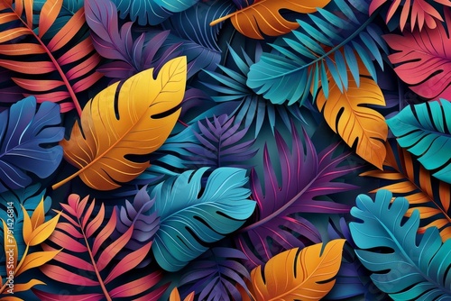 wallpaper pattern with colorful tropical leaves. 3d interior mural painting wall art decor wallpaper. Leaf pattern nature plant with bright color flowers illustration background. Generative AI