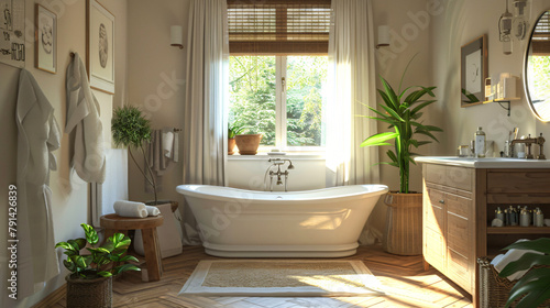 Charming bathroom with beige walls white bathtub 