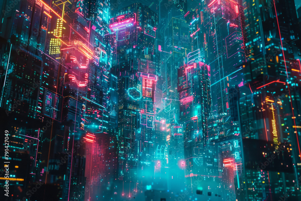 Cyberpunk-inspired landscape bathed in the glow of neon lights against a backdrop of darkness. Circuitry motifs intertwine with graffiti-like art, creating a chaotic yet captivating aesthetic design Cyberpunk-inspired landscape bathed in the glow of neon lights against a backdrop of darkness. Circuitry motifs intertwine with graffiti-like art, creating a chaotic yet captivating aesthetic design