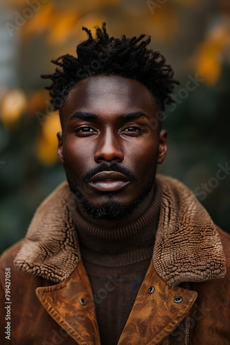 Portrait of handsome african american man with afro hairstyle wearing brown leather jacket