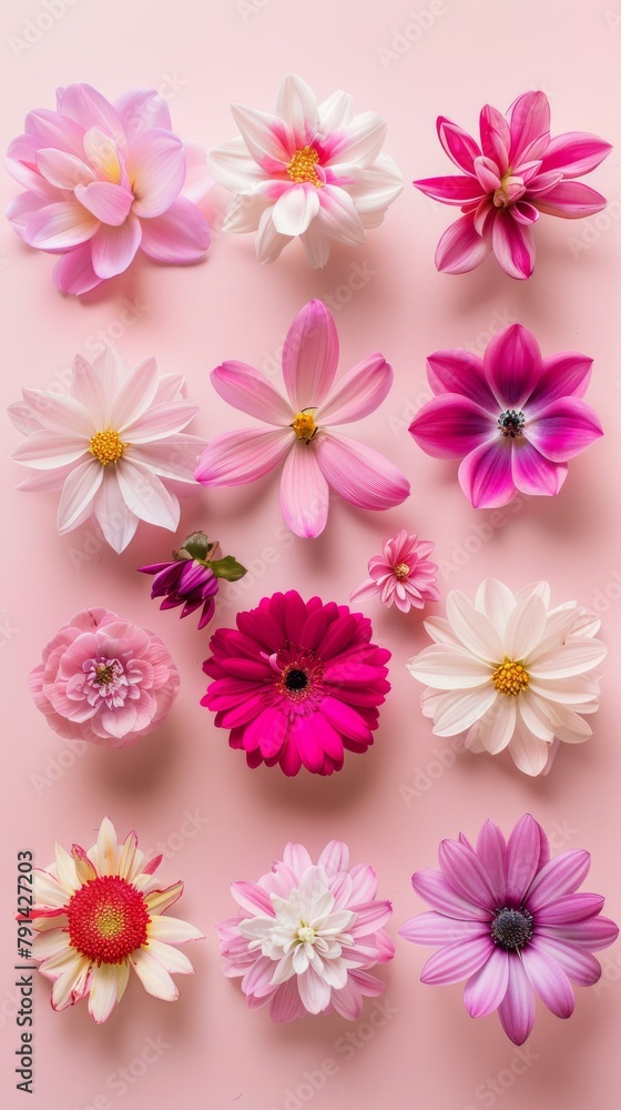 Fototapeta premium A Vibrant Collection Of Various Colorful Meadow Flowers Arranged on a White Background. Presenting unique shapes and colors, meticulously arranged to highlight their natural beauty.