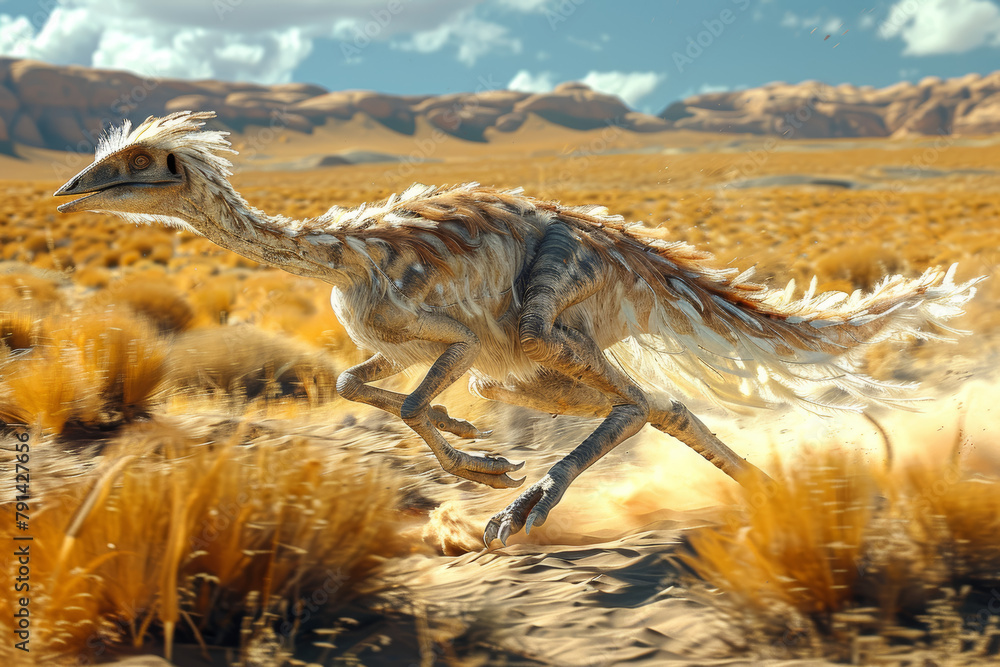 A swift Gallimimus, with its long legs and bird-like beak, running across open plains in large herds. Concept of fast-moving dinosaur. Generative Ai.