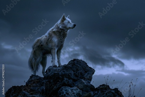 Grey wolf standing on a rock with stormy sky in the background