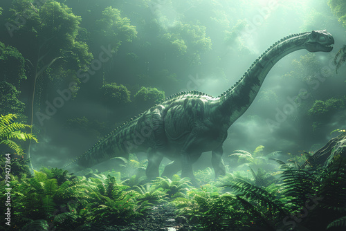 A majestic Diplodocus, with its whip-like tail and elongated neck, peacefully grazing on tall ferns in ancient valleys. Concept of long-necked herbivore. Generative Ai. photo