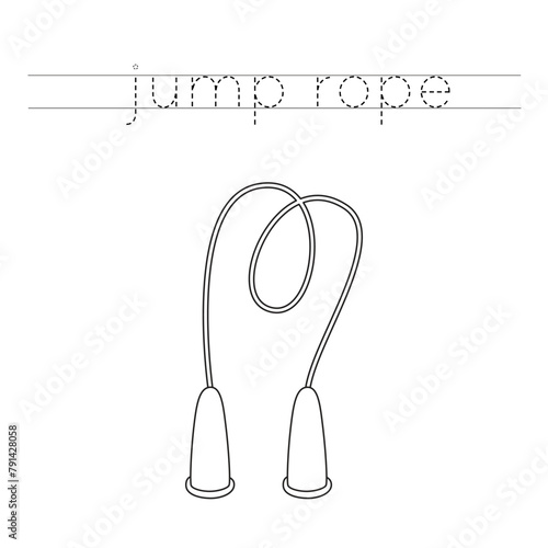 Trace the letters and color kids jump rope. Handwriting practice for kids.