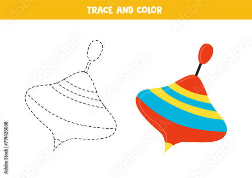 Trace and color cartoon spinning top. Printable worksheet for children.