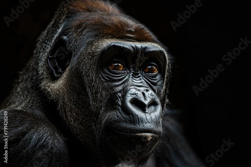 Portrait of Gorilla. The gorilla lives in the zoo on black background