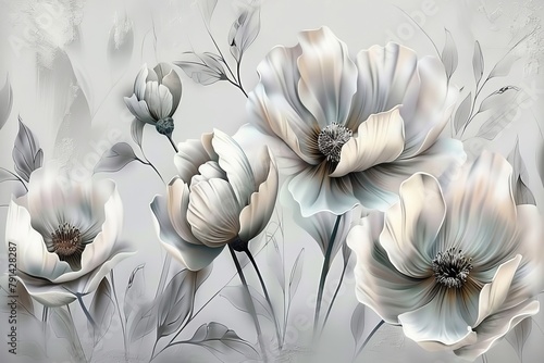 3d mural wallpaper with simple floral painting light gray background. Generative AI
