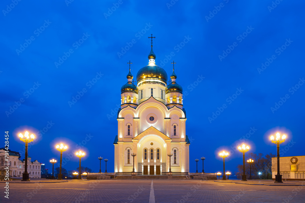 Spaso-Preobrazhensky Cathedral, Khabarovsk city, Khabarovsk region, Far East of Russia. View of a large Orthodox church. Beautiful evening lighting. Night cityscape. Tourist attraction of Khabarovsk.
